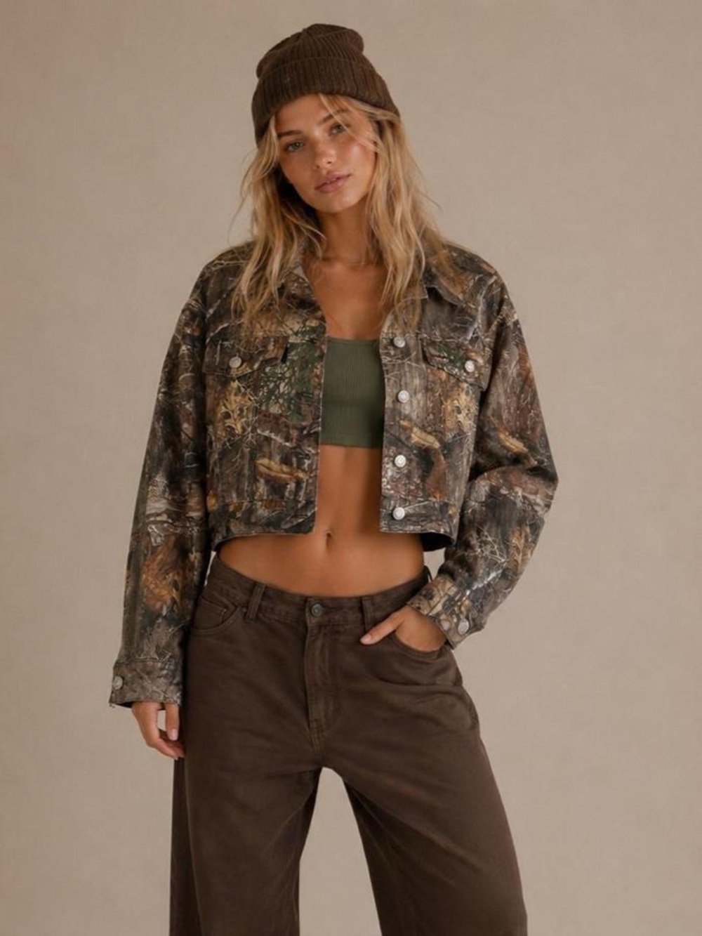 Camo Cropped Jacket - Olive/Brown